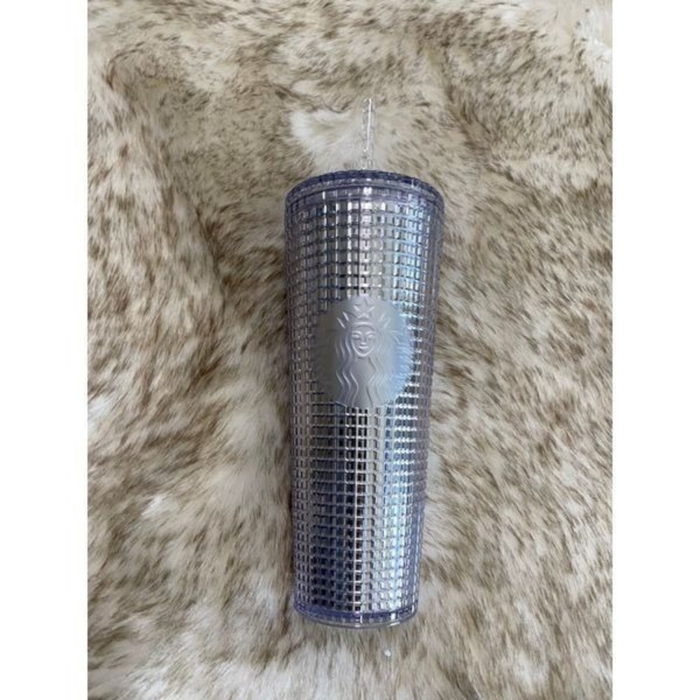 Starbucks 24oz Venti Tumbler Grid Metallic Lilac Purple Cold Cup with Straw